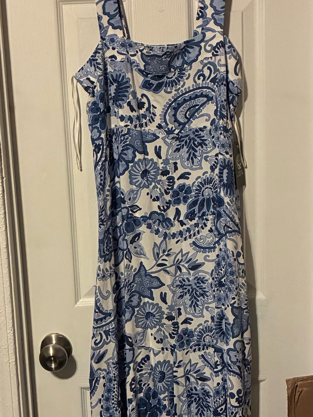 Vince Camuto White Maxi Dress with Blue Floral Paisley Print